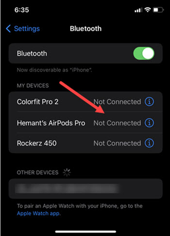 AirPods under Settings App