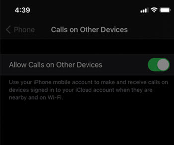 Allow calls on other devices toggle