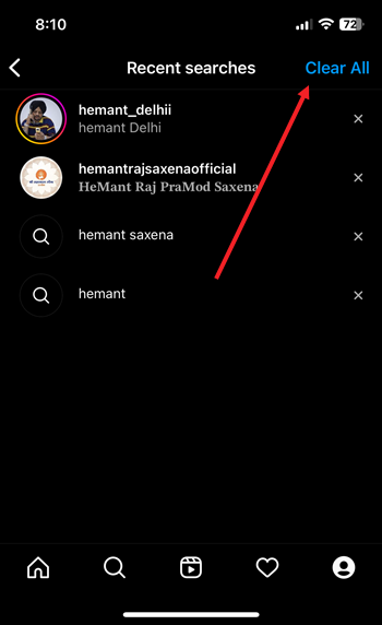 Clear Search history on Instagram