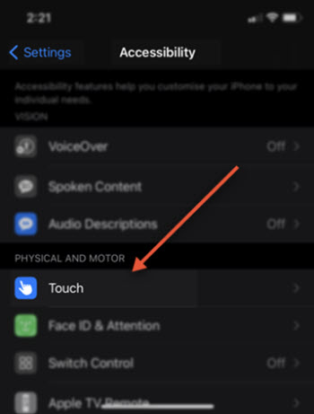 Physical and Motor Touch Section iPhone