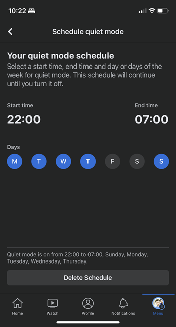 Schedule Facebook Quiet Mode