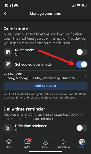 Schedule Quiet Mode toggle enabled