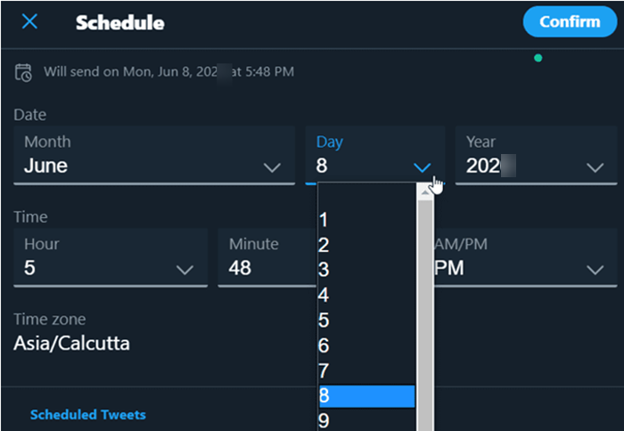 Scheduling tweet time options