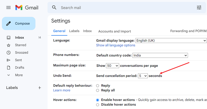 Undo Send setting in Gmail