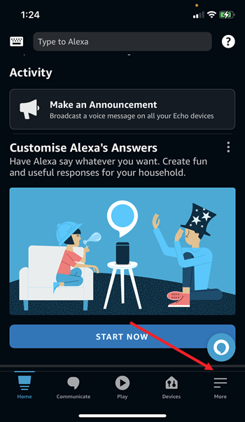 Alexa app More menu