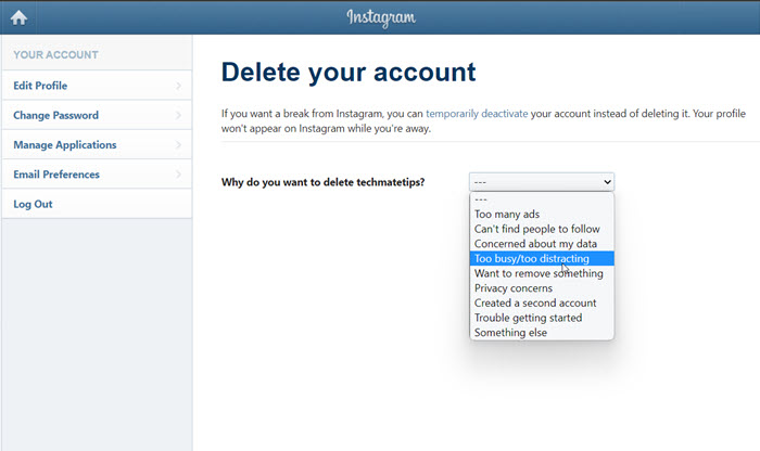 Delete Instagram account on computer