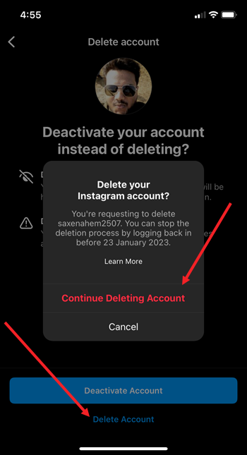 Delete account on Instagram mobile