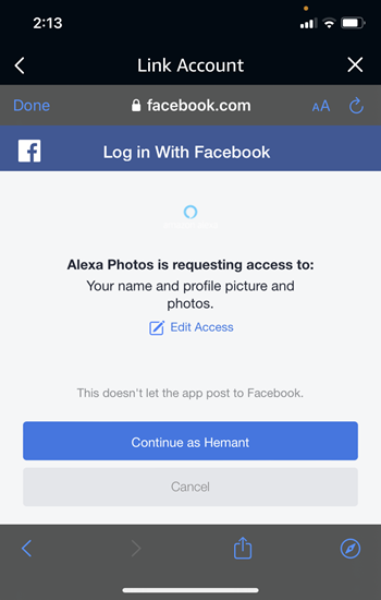 Enter Facebook account details