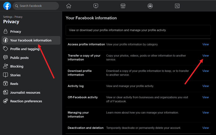 Facebook data export tool