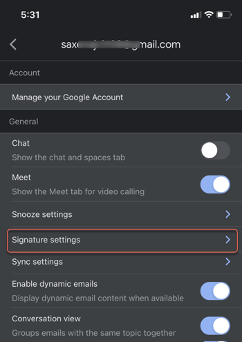 Gmail App signature settings