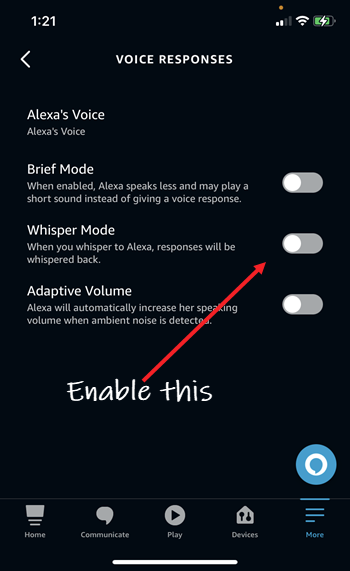 Whisper mode in Alexa app