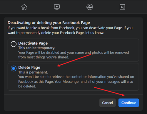Continue to delete a page on Facebook