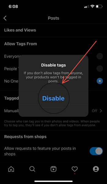 Disable tagging on Instagram