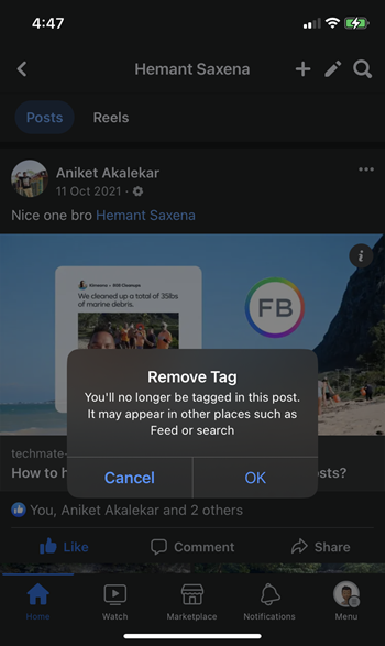 Remove Facebook tag mobile