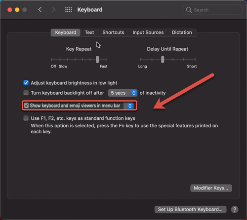 Show Keyboard and Emoji Viewer in Menu Bar