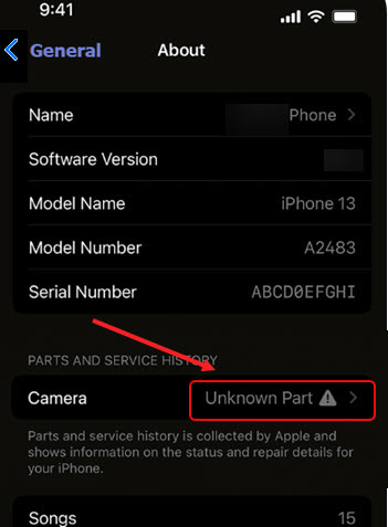 Unknown part iPhone camera warning