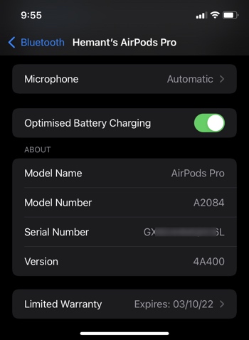 AirPods Serial Number under iPhone Settings