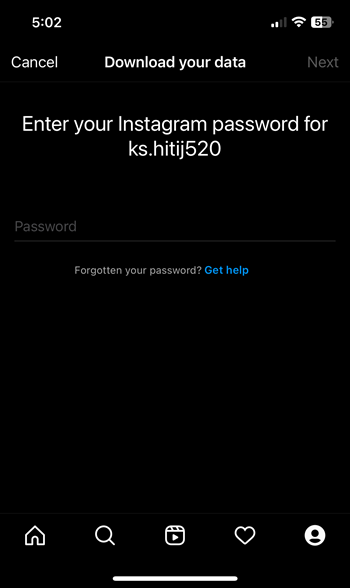 Enter Password to download Instagram data