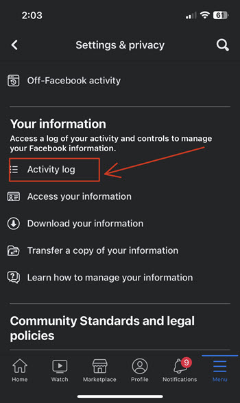 Facebook Activity Log