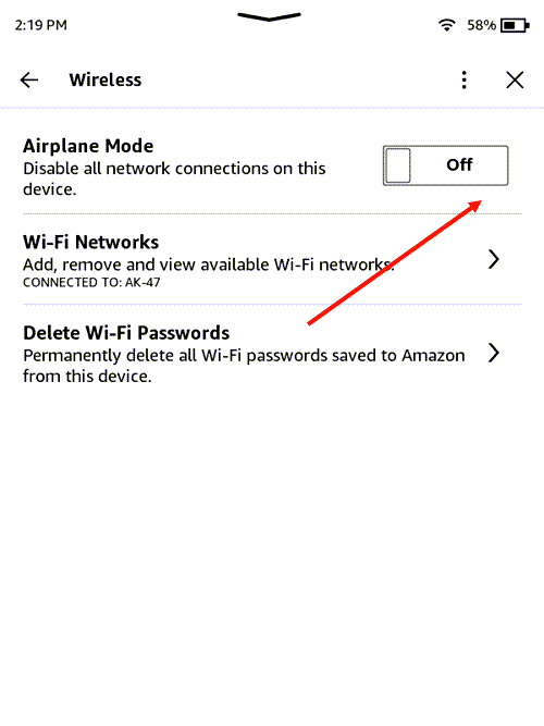 Kindle Airplane Mode toggle