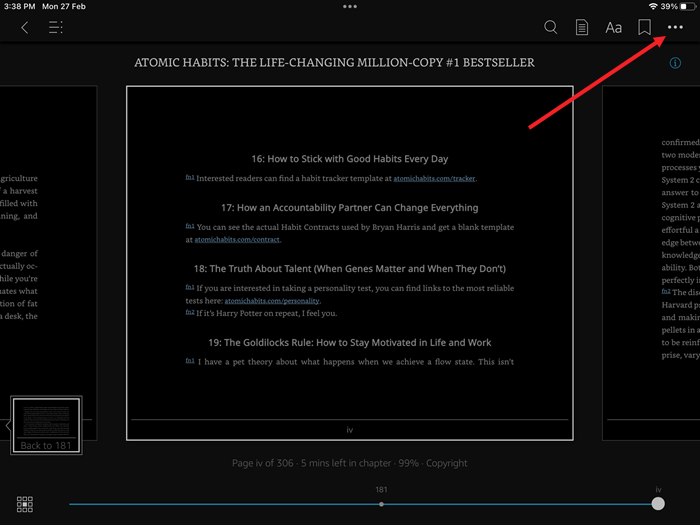 Kindle app menu