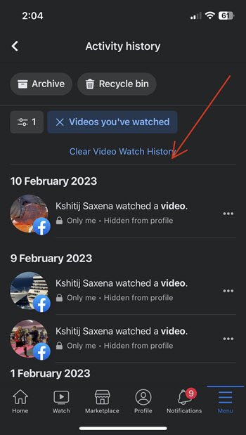Remove Watched Facebook Videos