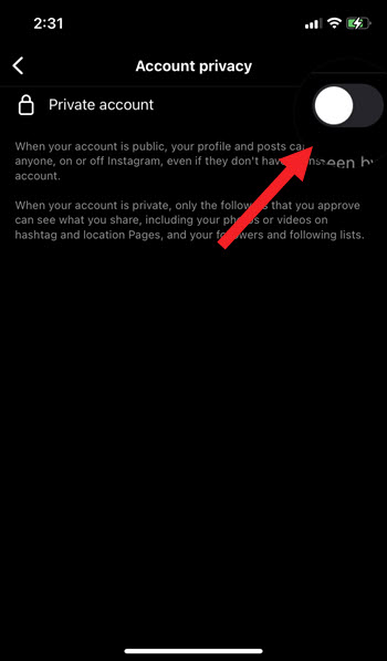 Instagram Account Private Toggle