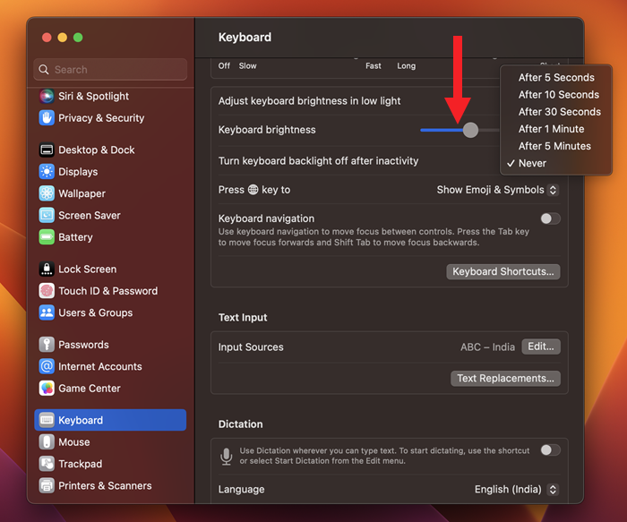 Adjust Keyboard brightness Mac