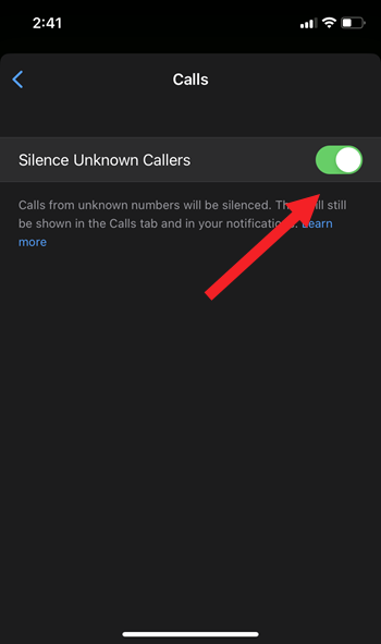 Silence Unknow Callers Toggle