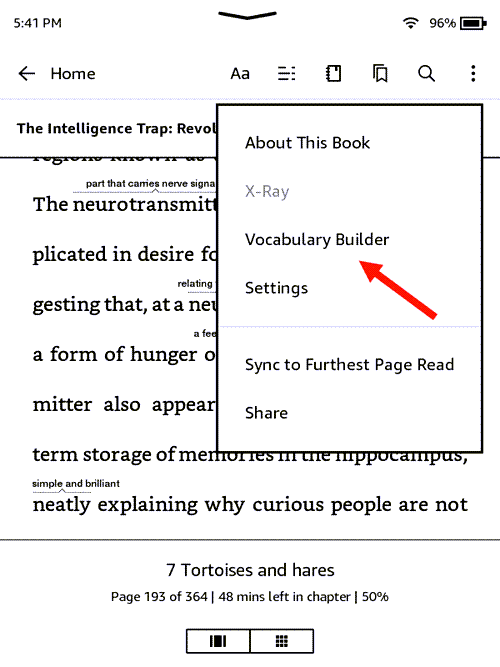 Access Vocabulary Builder in Kindle