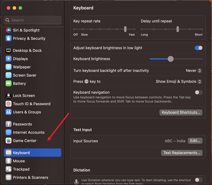 Keyboard under System Settings