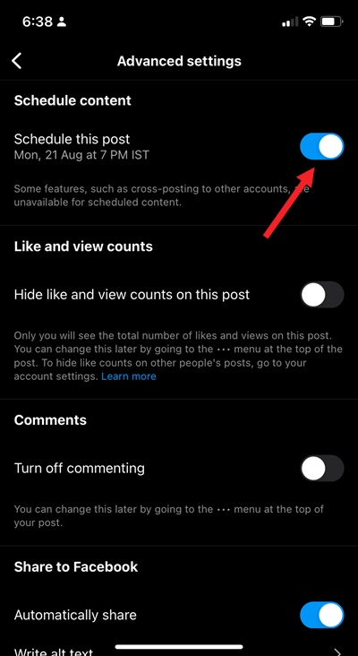 Schedule Instagram Posts toggle