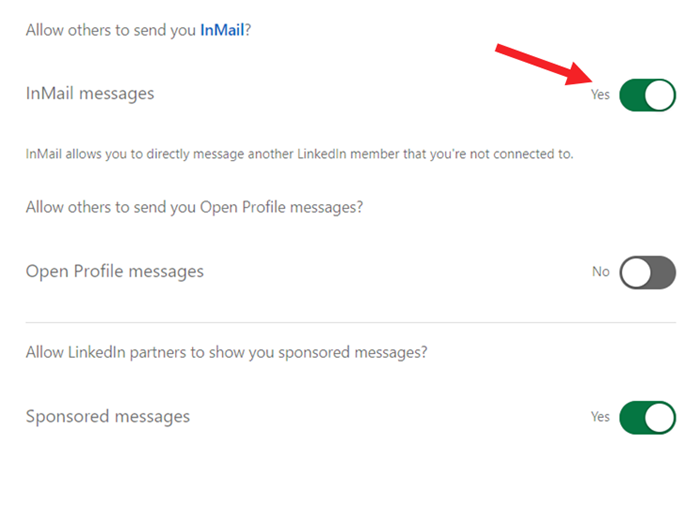 Toggle off InMail in LinkedIn