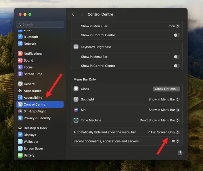 MacBook Control Centre settings