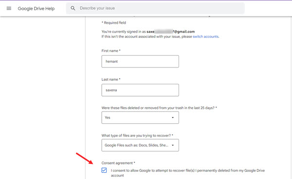 Consent form to recover Google Drive File