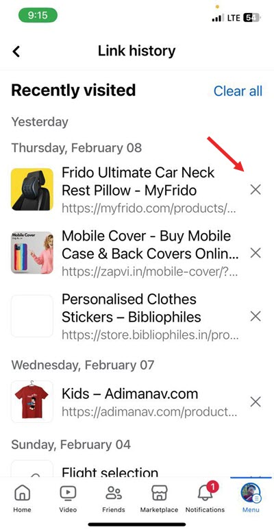 Remove facebook link history