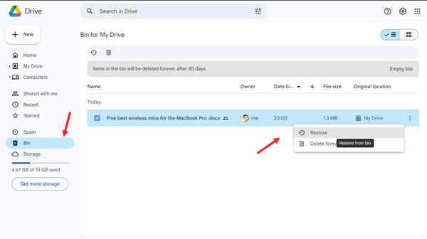 Restore deleted Google Drive file from bin