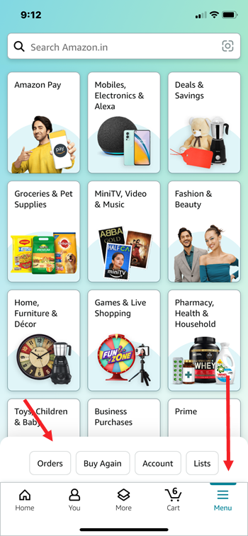 Amazon app Orders menu