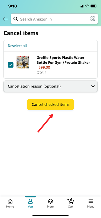 Amazon app Orders menu