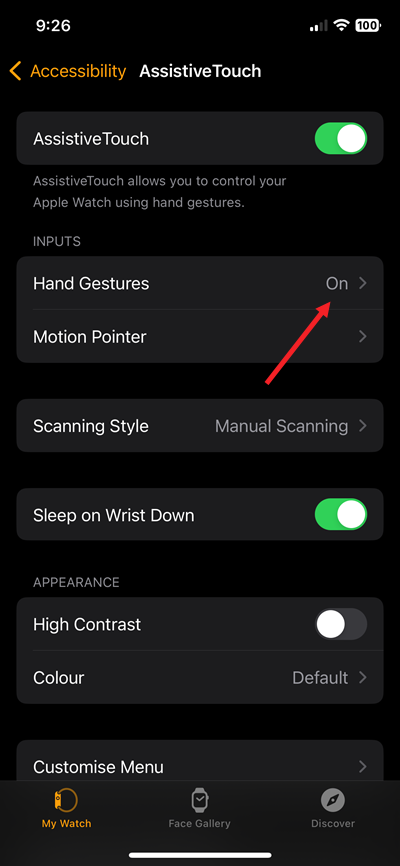 Hand Gestures Apple Watch Settings