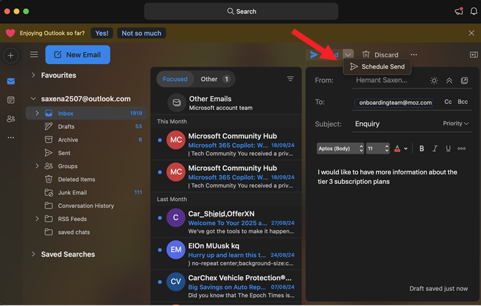 Schedule emails in Outlook app