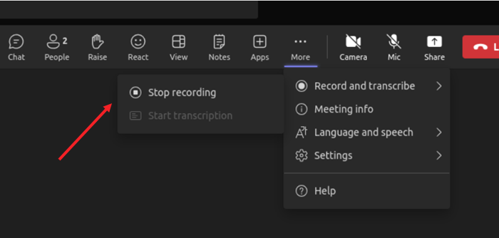 Stop record meeting in Teams