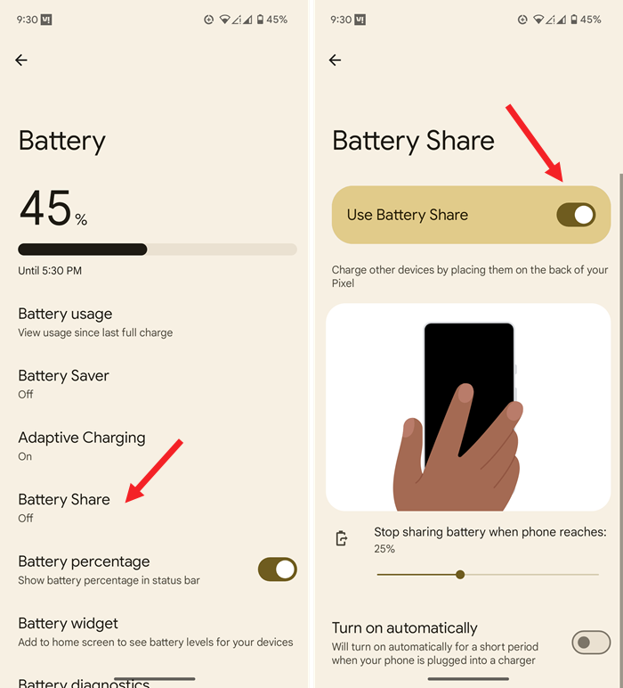 Battery Share option in Pixel