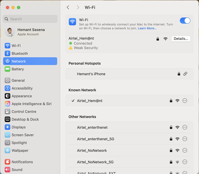 MacBook Network Connection Details MacBook Network Connection Details