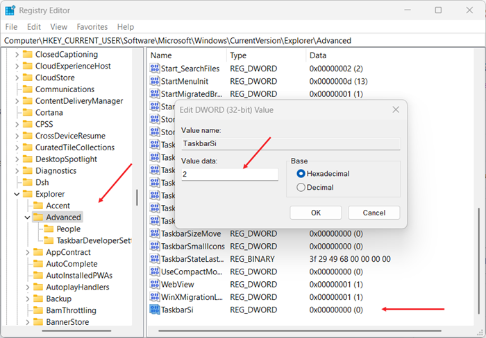 Tweak taskbar size in Windows 11
