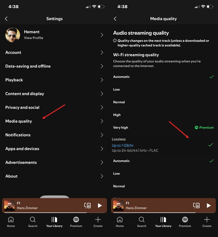 Lossless music streaming option enabled Lossless music streaming option enabled