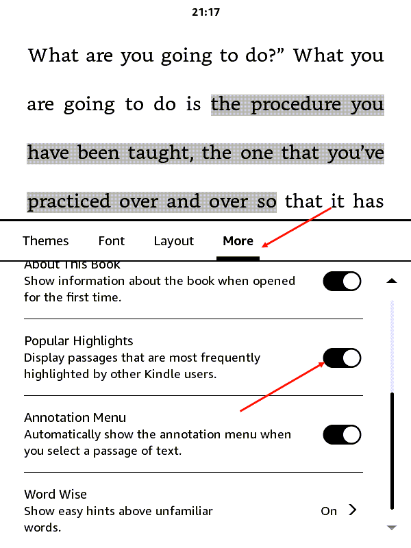 Popular highlights in Kindle toggle