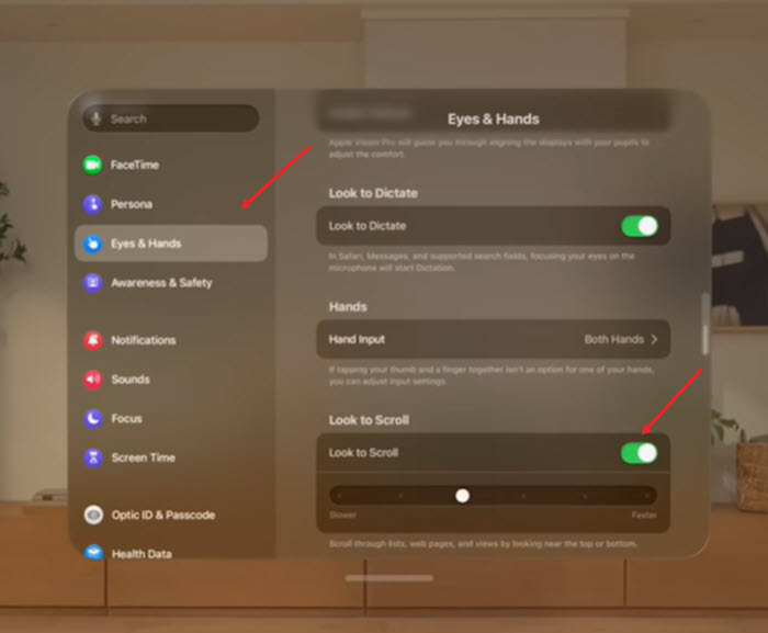 change scrolling direction on Vision Pro