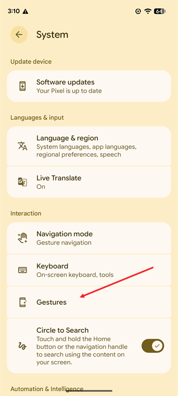 Gestures setting for Pixel