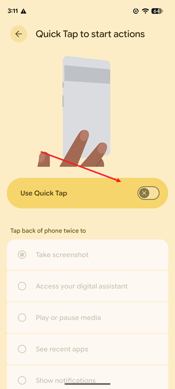 Quick Tap toggle on Pixel